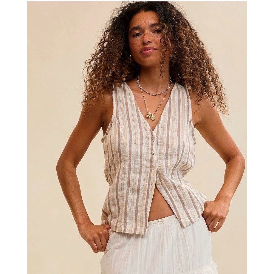 New Aerie American Eagle Women Xxl Vest Day-Off Cream Tan Stripe Shirt Top Tank